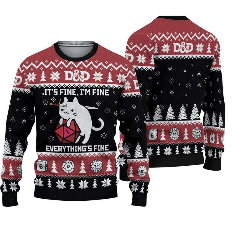 Funny D&D Christmas Sweater, It’s Fine I’m Fine Everything’s Fine Cat Dice Jumper,Ugly Xmas Gift for Dungeon Master Players,Christmas Gift