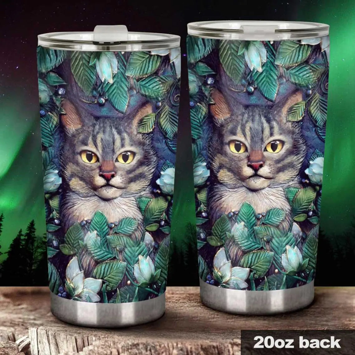 Northern Lights Cat Tumbler, Renaissance Style Sculpture Art Mug, Aurora Borealis Sky Pet Gift, Dark Cottagecore Aesthetic