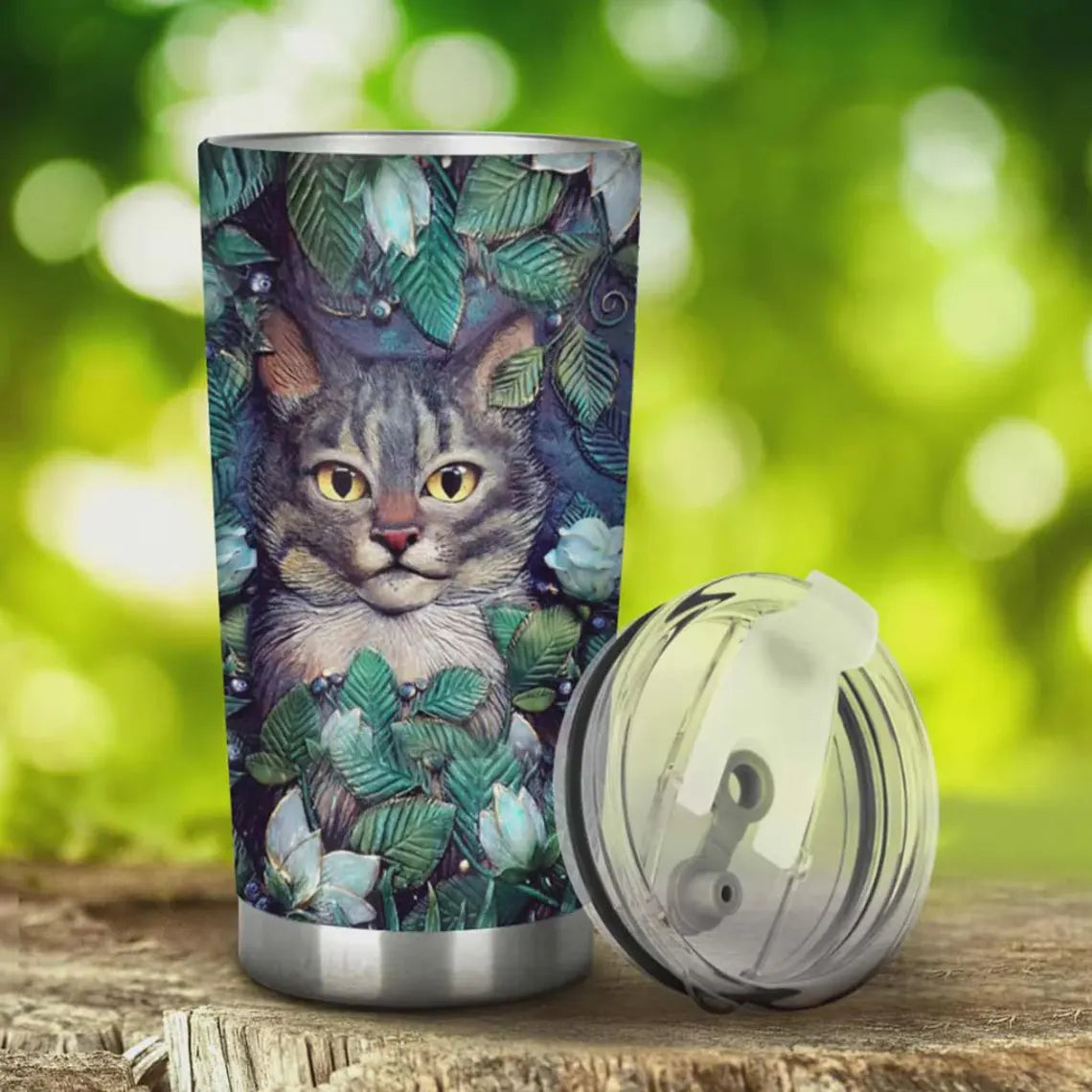 Northern Lights Cat Tumbler, Renaissance Style Sculpture Art Mug, Aurora Borealis Sky Pet Gift, Dark Cottagecore Aesthetic