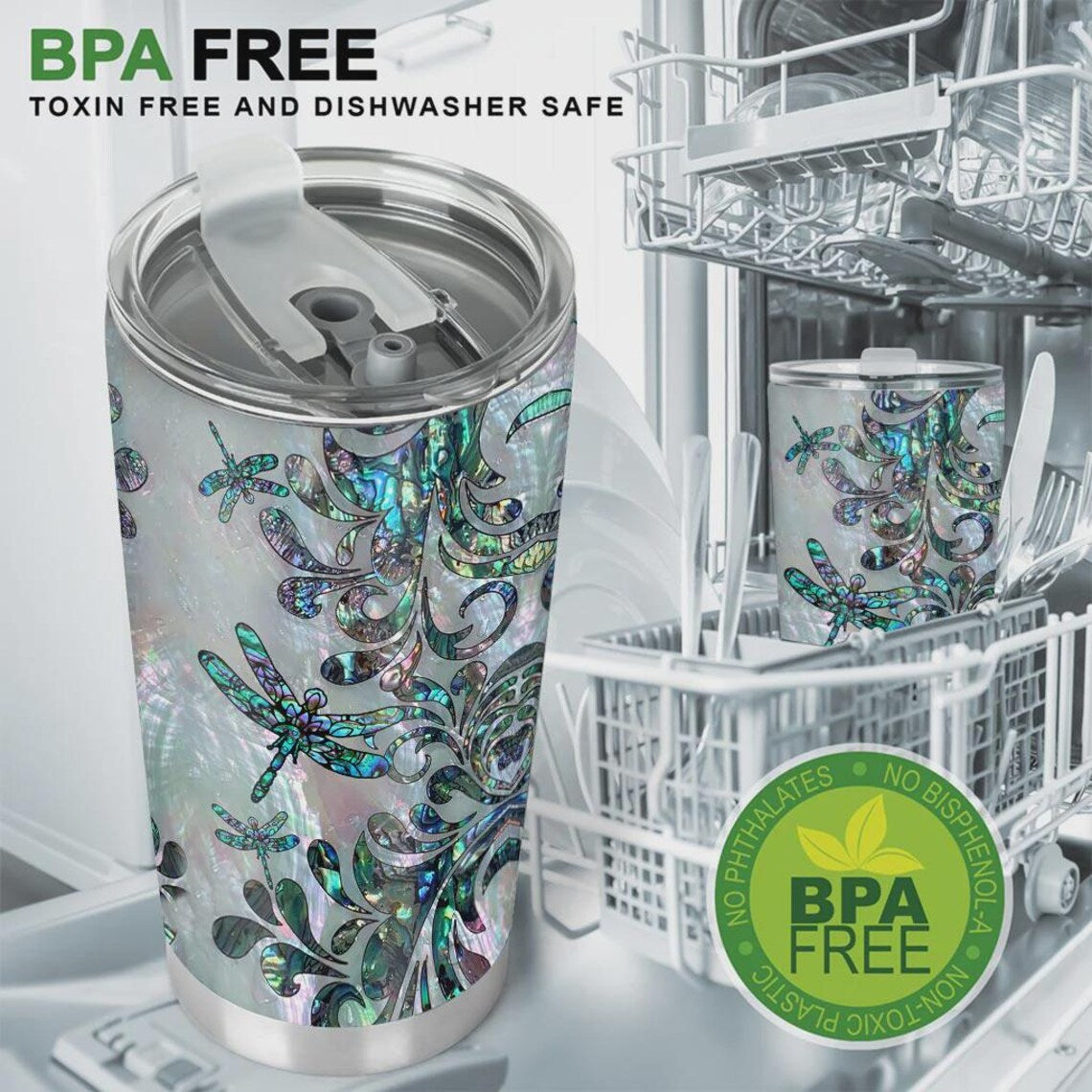 Abalone Dragonfly Tumbler, Mother of Pearl Shell Effect Stainless Steel Cup, Shimmering Gift for Her