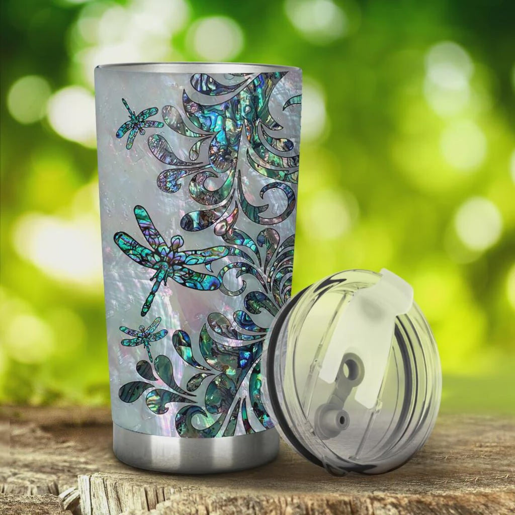 Abalone Dragonfly Tumbler, Mother of Pearl Shell Effect Stainless Steel Cup, Shimmering Gift for Her