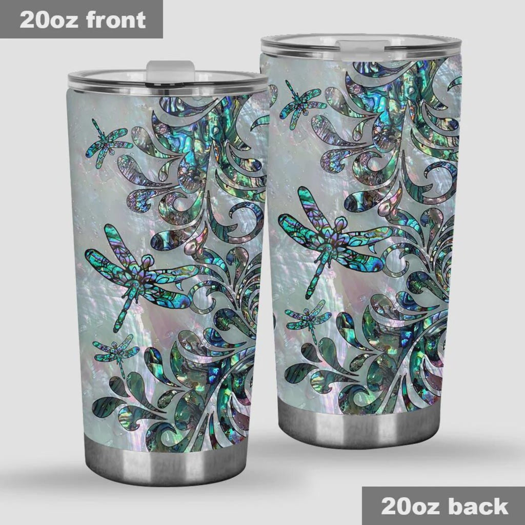 Abalone Dragonfly Tumbler, Mother of Pearl Shell Effect Stainless Steel Cup, Shimmering Gift for Her