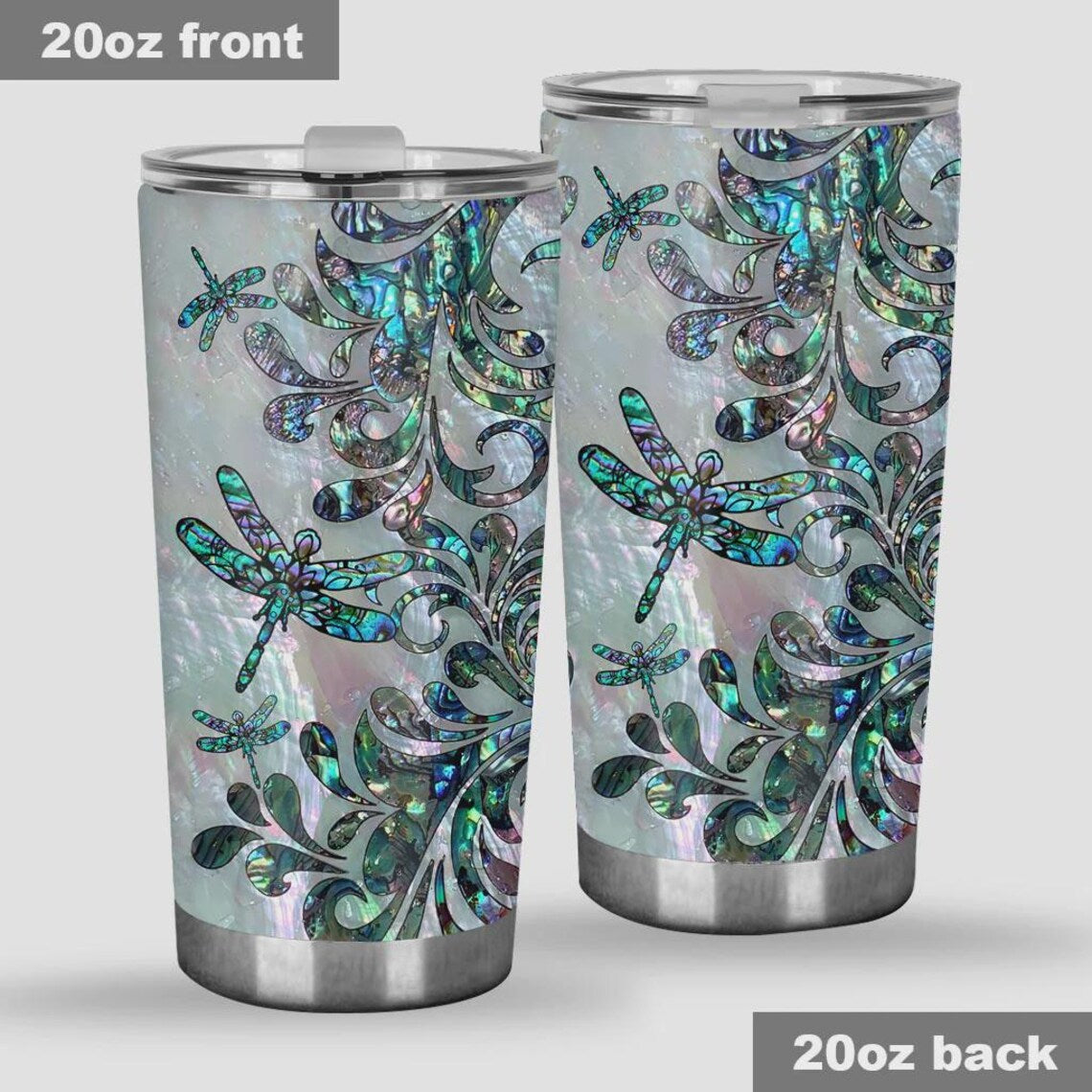 Abalone Dragonfly Tumbler, Mother of Pearl Shell Effect Stainless Steel Cup, Shimmering Gift for Her