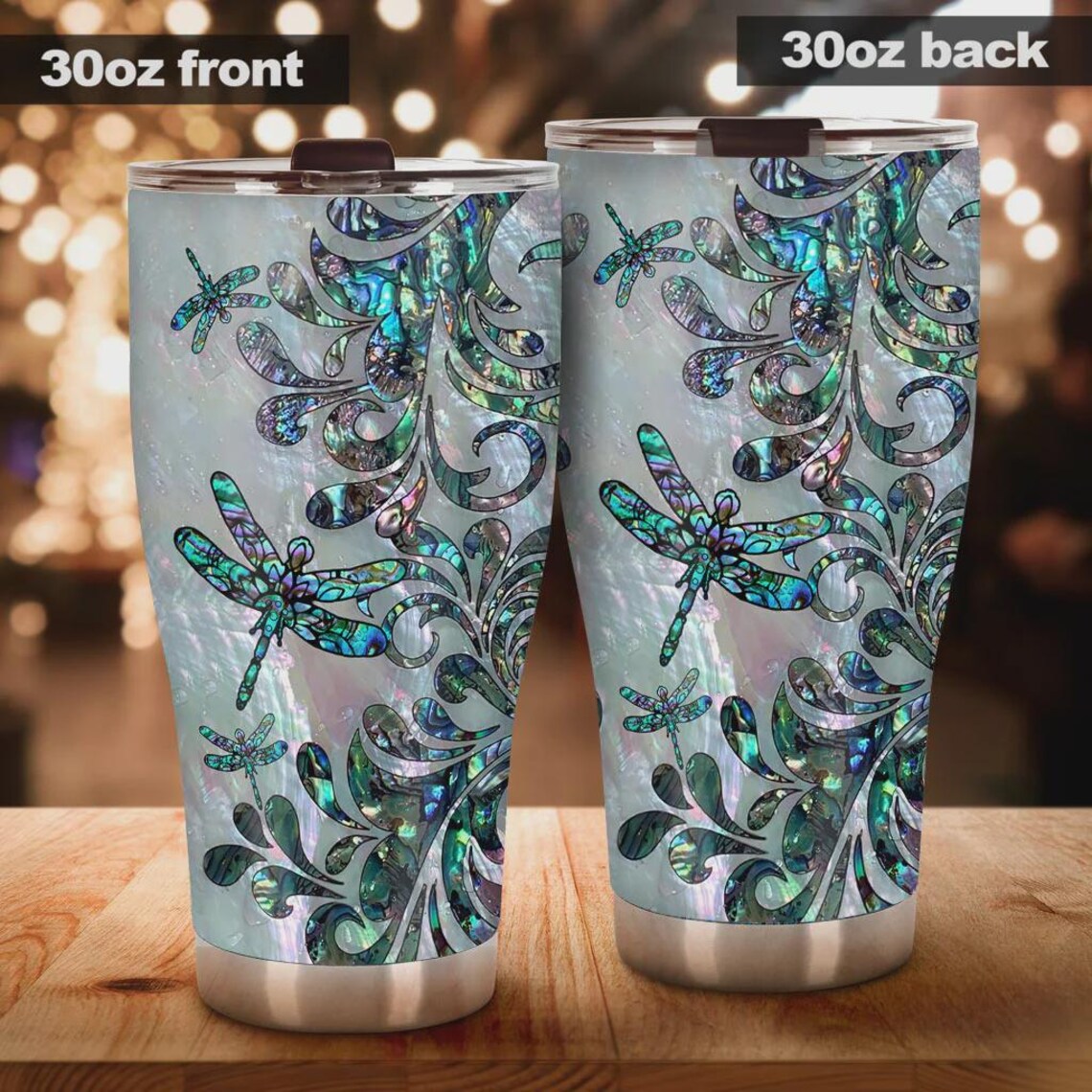 Abalone Dragonfly Tumbler, Mother of Pearl Shell Effect Stainless Steel Cup, Shimmering Gift for Her