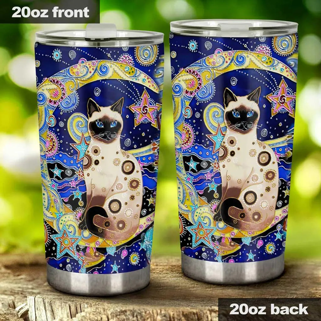 Siamese Cat Tumbler, Celestial Moon Stars Cat Lover Gift, Blue Cosmic Art Insulated Mug, Kitten Mom Travel Cup, 20oz Stainless Steel