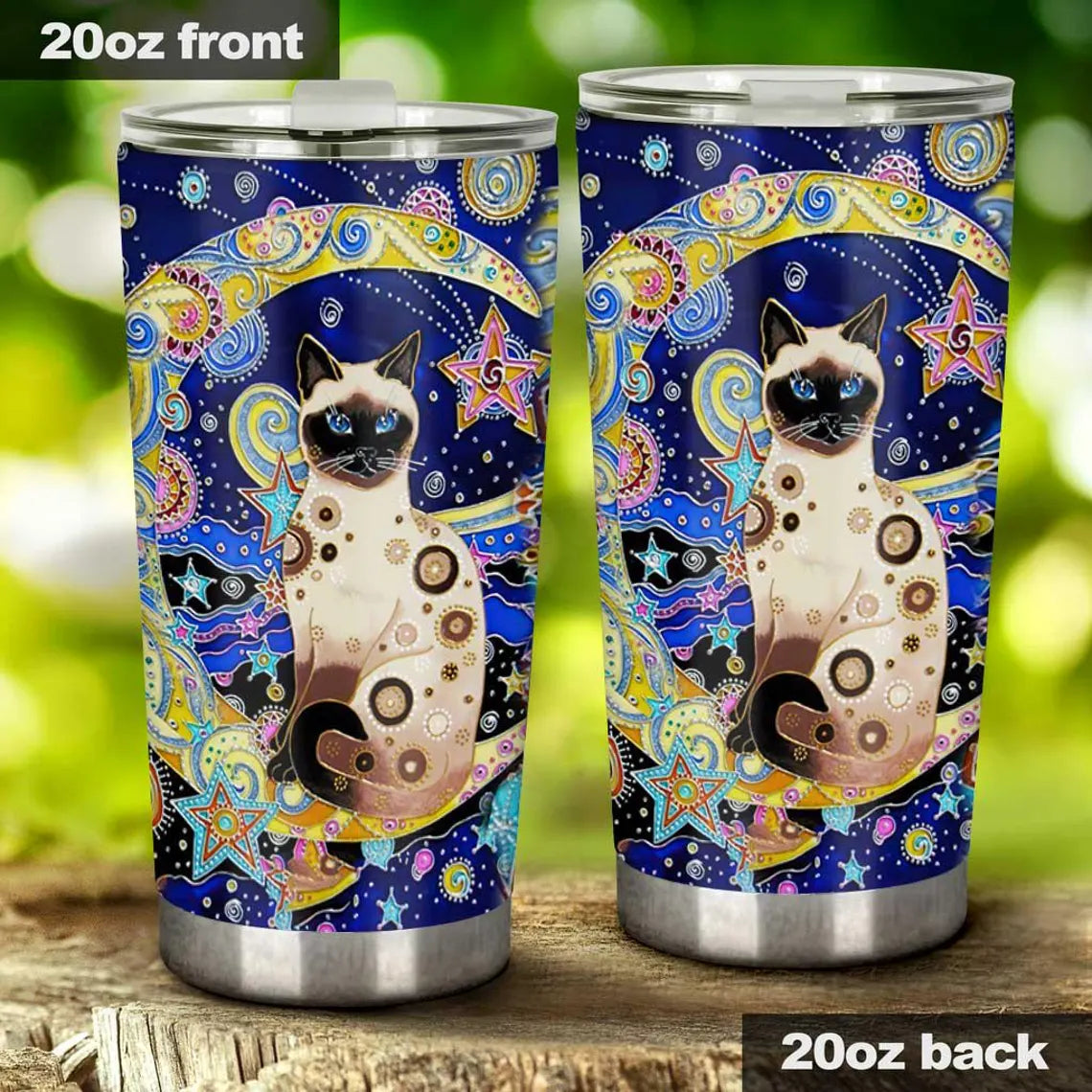 Siamese Cat Tumbler, Celestial Moon Stars Cat Lover Gift, Blue Cosmic Art Insulated Mug, Kitten Mom Travel Cup, 20oz Stainless Steel