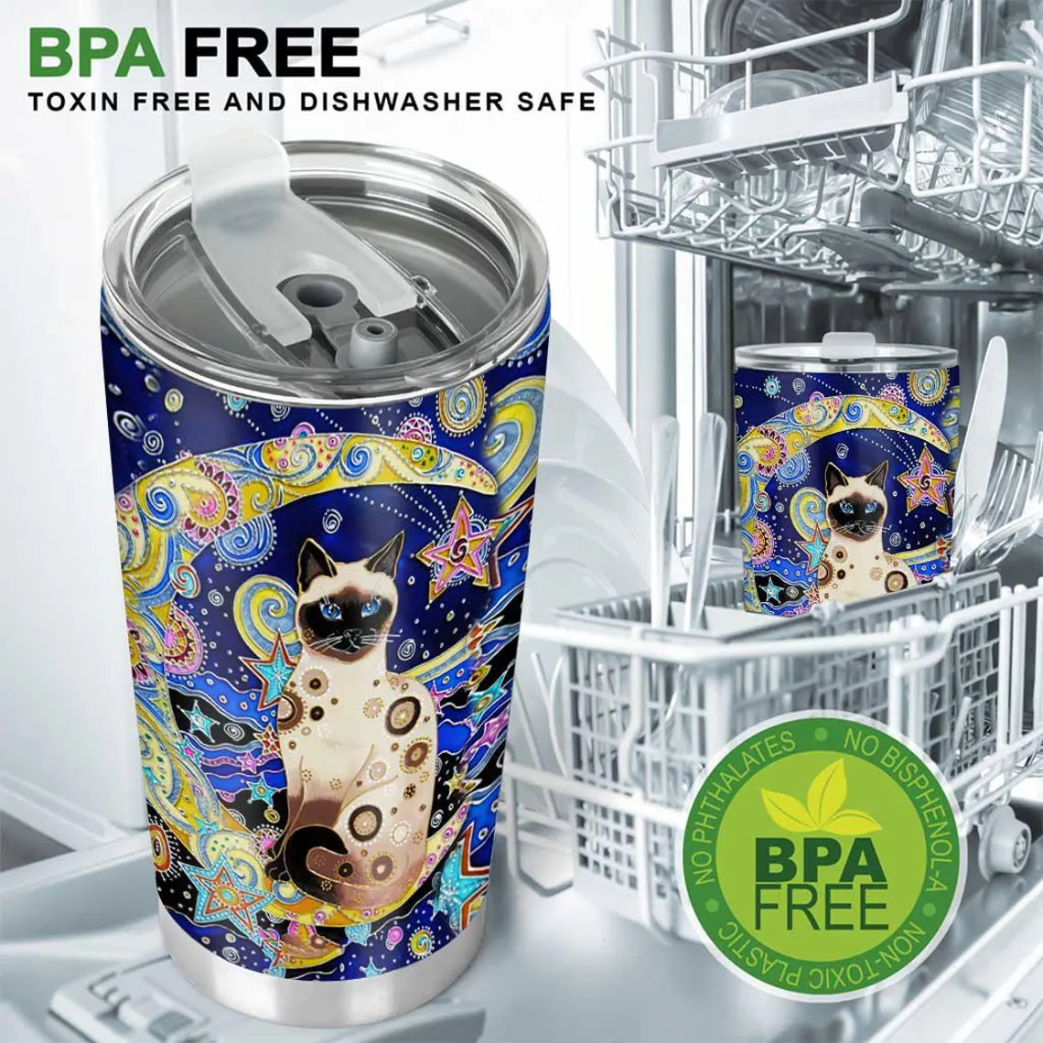 Siamese Cat Tumbler, Celestial Moon Stars Cat Lover Gift, Blue Cosmic Art Insulated Mug, Kitten Mom Travel Cup, 20oz Stainless Steel