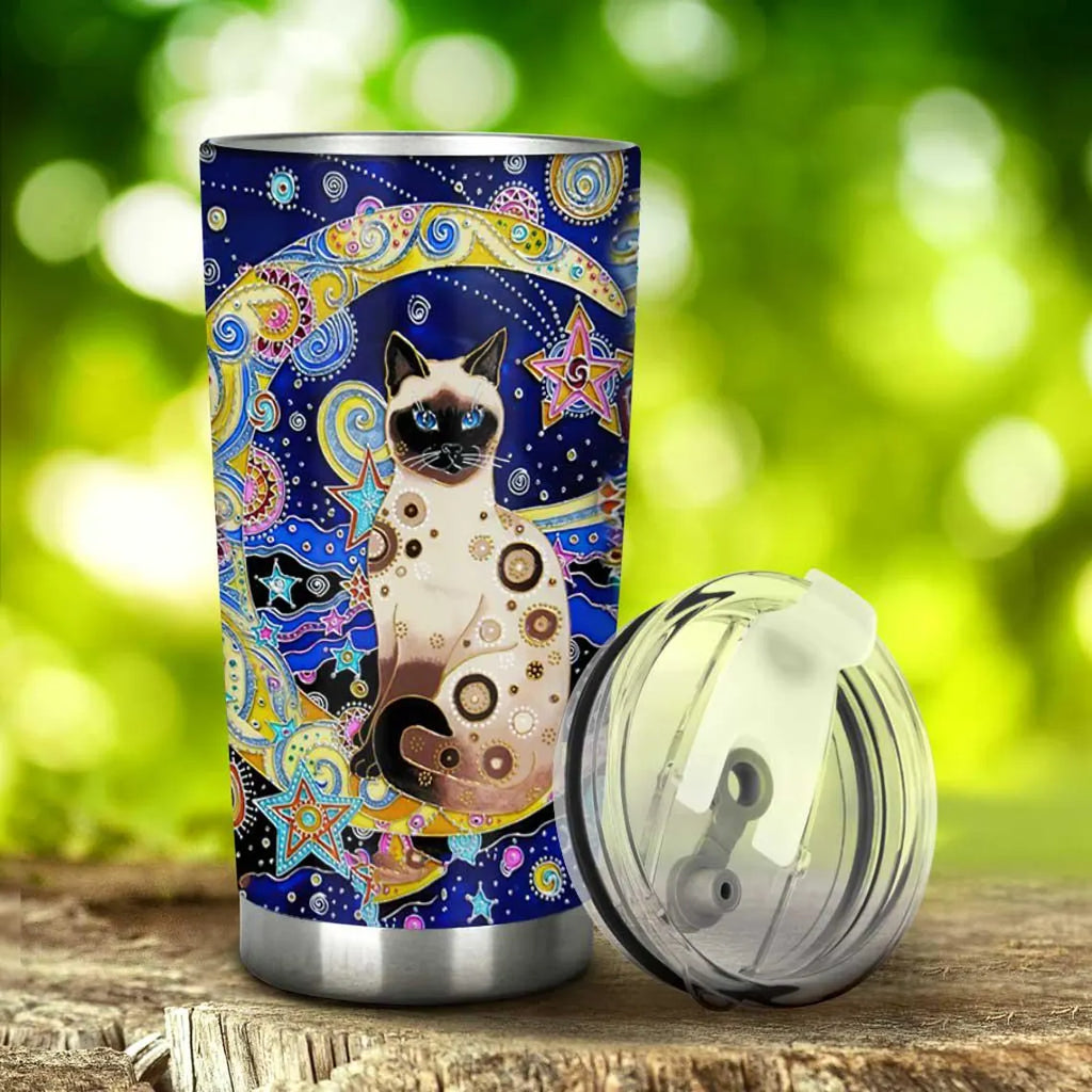 Siamese Cat Tumbler, Celestial Moon Stars Cat Lover Gift, Blue Cosmic Art Insulated Mug, Kitten Mom Travel Cup, 20oz Stainless Steel