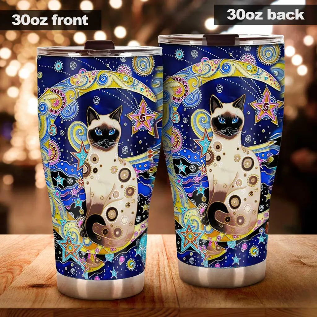 Siamese Cat Tumbler, Celestial Moon Stars Cat Lover Gift, Blue Cosmic Art Insulated Mug, Kitten Mom Travel Cup, 20oz Stainless Steel