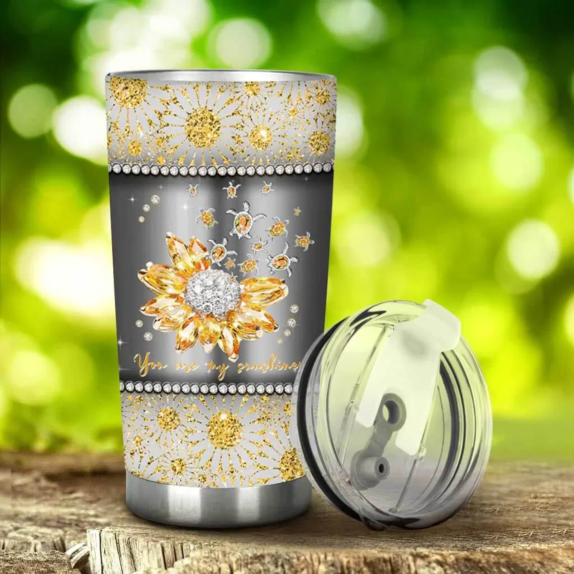 You Are My Sunshine Tumbler – Sparkle Sunflower Cup, Glitter Diamond Flower Mug, Stainless Steel Insulated Tumbler With Lid, Gift for Her