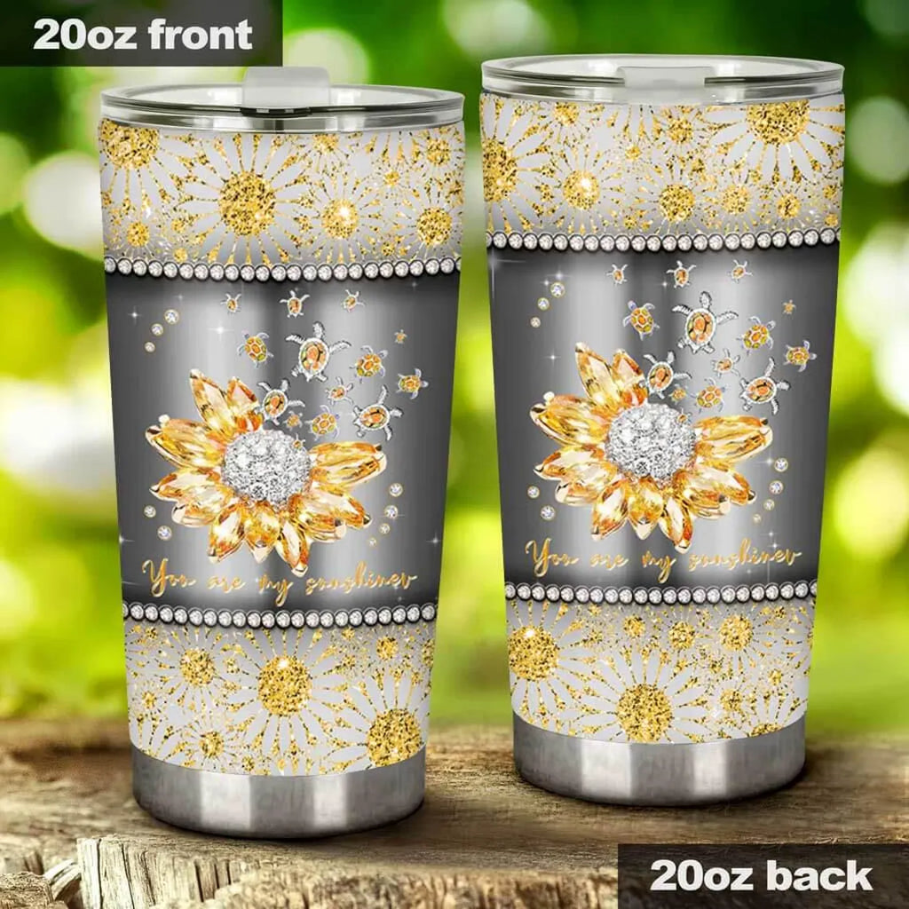 You Are My Sunshine Tumbler – Sparkle Sunflower Cup, Glitter Diamond Flower Mug, Stainless Steel Insulated Tumbler With Lid, Gift for Her