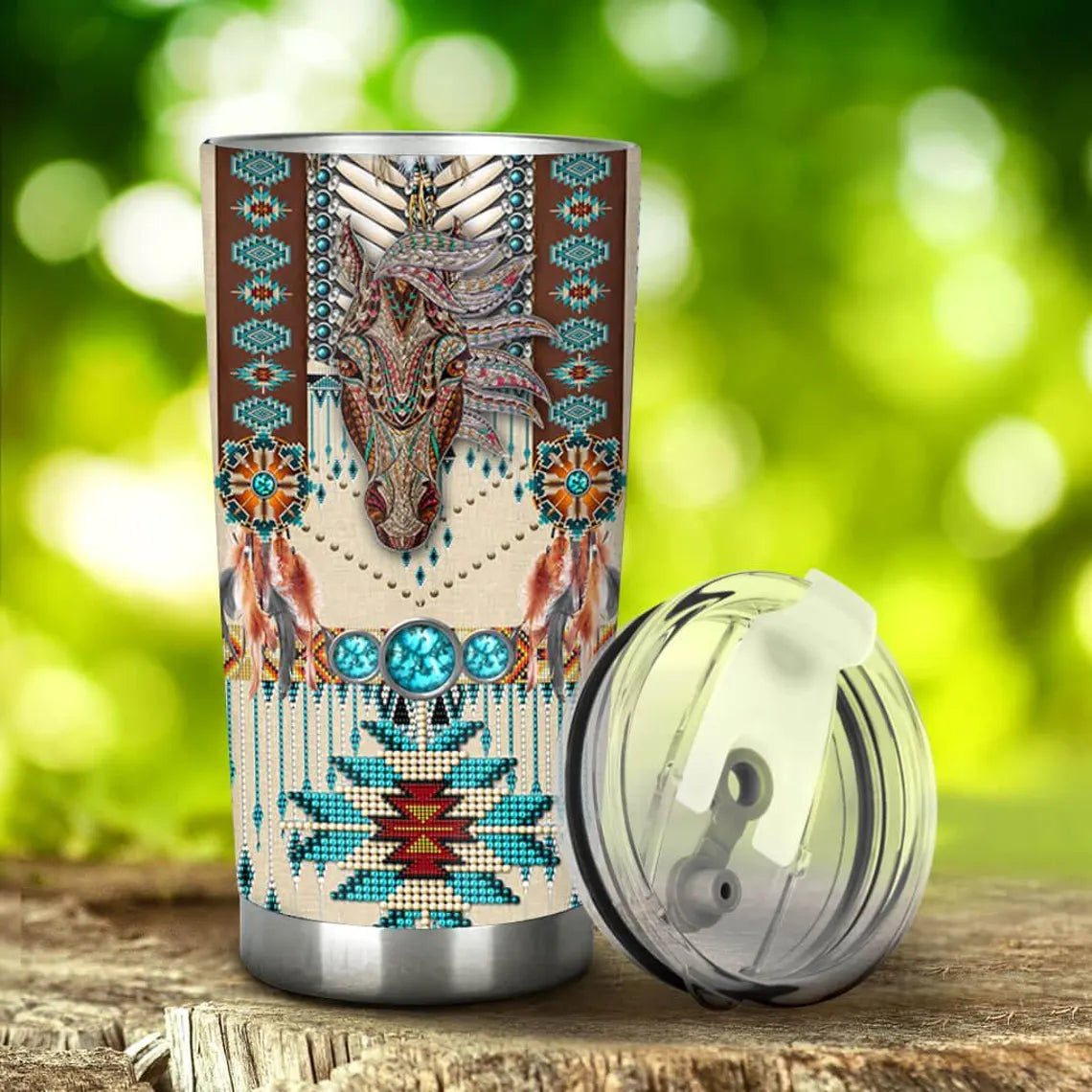 Boho Horse Tumbler 20oz, Tribal Western Travel Mug, Native Style Feathers Cup, Turquoise Stone Pattern Tumbler