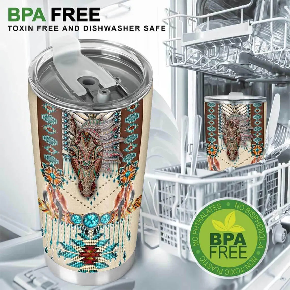 Boho Horse Tumbler 20oz, Tribal Western Travel Mug, Native Style Feathers Cup, Turquoise Stone Pattern Tumbler