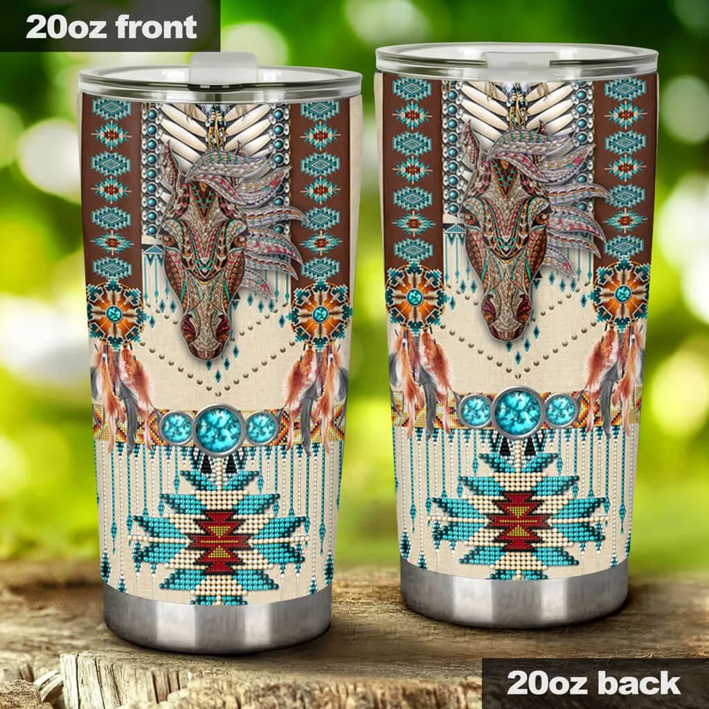 Boho Horse Tumbler 20oz, Tribal Western Travel Mug, Native Style Feathers Cup, Turquoise Stone Pattern Tumbler