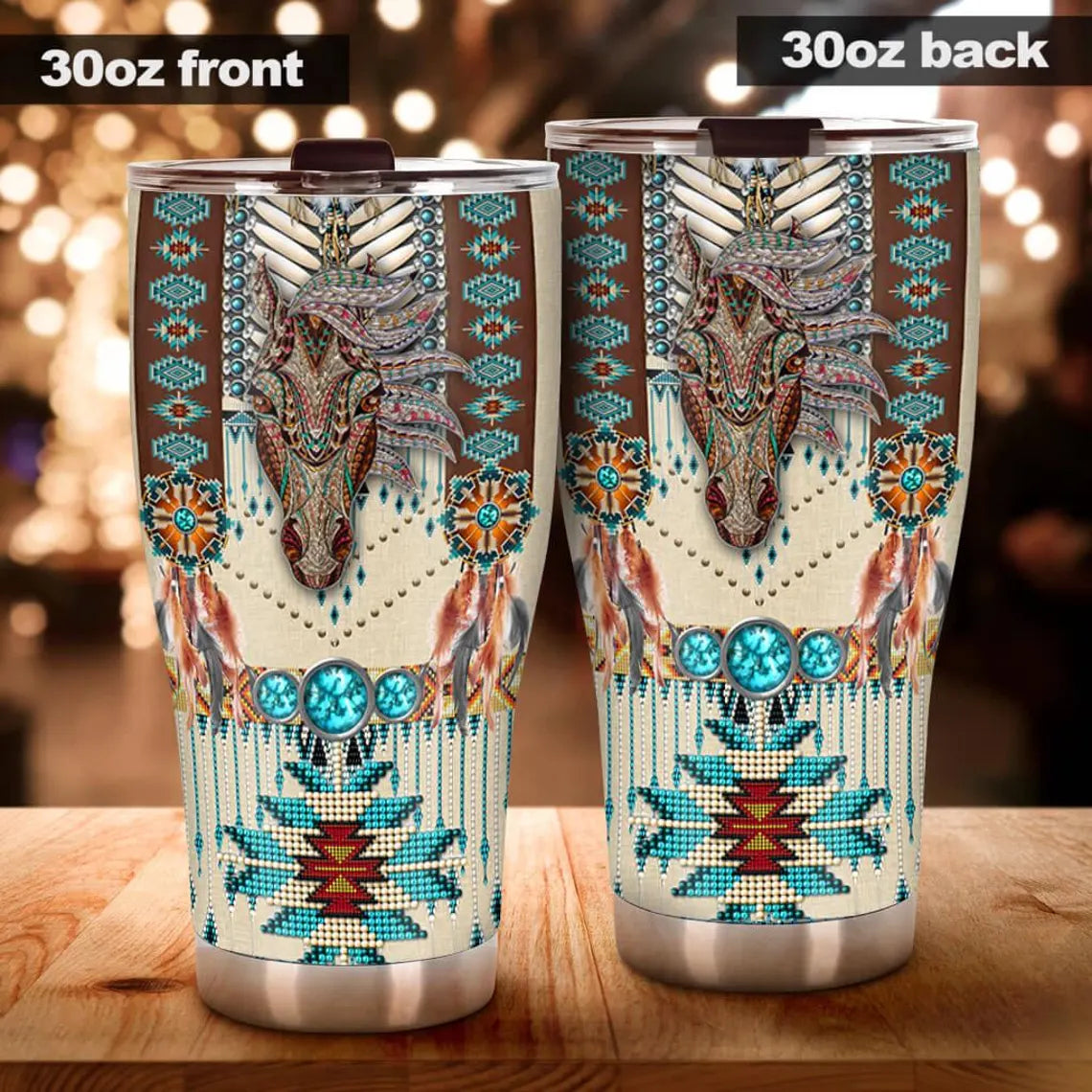 Boho Horse Tumbler 20oz, Tribal Western Travel Mug, Native Style Feathers Cup, Turquoise Stone Pattern Tumbler